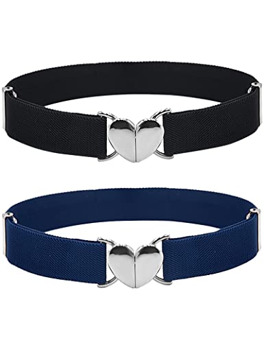 Kiench Mädchen Elastisch Verstellbar Gürtel Kinder Stretchgürtel mit Herz Schnalle 2er-Pack Marineblau & Schwarz EU Taillenumfang 55cm-70cm = Gesamtlänge 65cm von Kiench