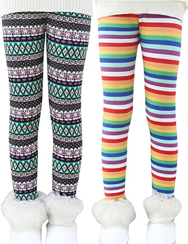 Kiench Mädchen Gefüttert Leggings Winter Warm Thermohosen Weihnachten 2er-Pack Karo & Regenbogen EU Größe 128/7 Jahre Etikett 130 von Kiench