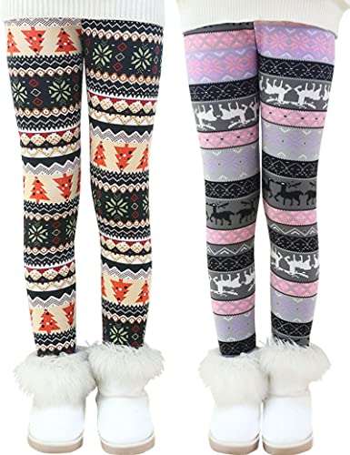 Kiench Mädchen Gefüttert Leggings Winter Warm Thermohosen Weihnachten 2er-Pack Weihnachtsbaum & Hirsch EU Größe 98-104/2-3 Jahre Etikett 100 von Kiench