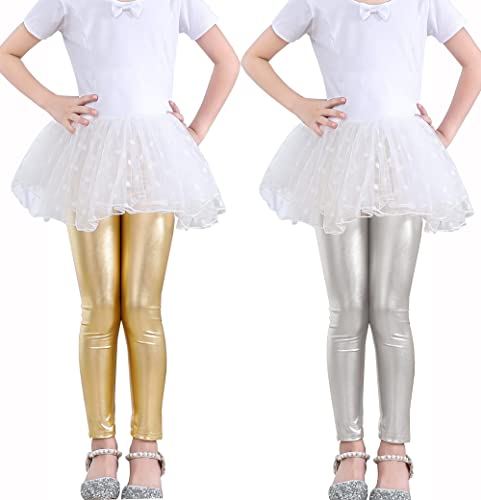 Kiench Mädchen Glänzend Leggings Glitzer Metallic Fasching Hosen 2er-Pack Gold & Silber EU Größe 146/9-10 Jahre Etikett 150 von Kiench