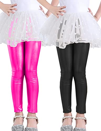 Kiench Mädchen Glänzend Leggings Glitzer Metallic Fasching Hosen 2er-Pack Schwarz & Rosenrot EU Größe 146/9-10 Jahre Etikett 150 von Kiench