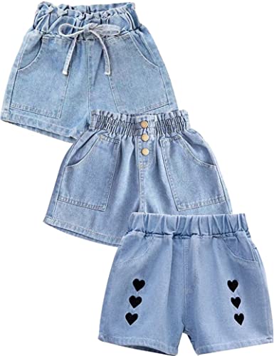 Kiench Mädchen Jeans Shorts Denim Kurze Hosen Sommer 3er-Pack Papperbag & Zierknopf & Stickerei Liebe EU Größe 152/9-10 Jahre Etikett 160 von Kiench