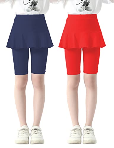 Kiench Mädchen Kurze Leggings mit Rock Baumwolle Capri-Hosen 2er-Pack Dunkelblau & Rot EU Größe 140-146/9-10 Jahre Etikett 150 von Kiench
