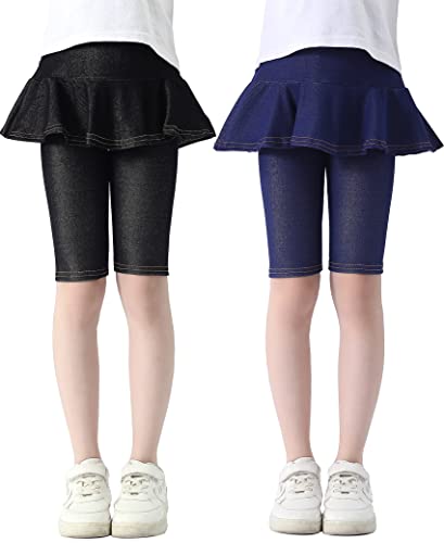 Kiench Mädchen Kurze Leggings mit Rock Baumwolle Capri-Hosen 2er-Pack Jeans Schwarz & Marineblau EU Größe 122-128/6-7 Jahre Etikett 130 von Kiench