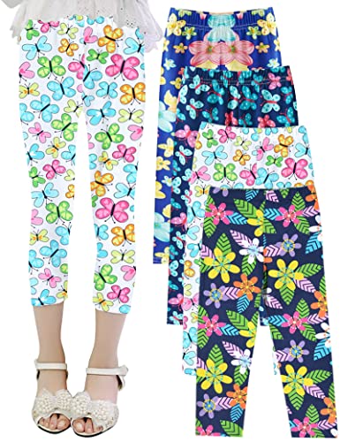 Kiench Mädchen Leggings 3/4 Bunt Capri-Hosen 4er-Pack Flatternd Schmetterlinge EU Größe 116-122/5-6 Jahre Etikett 130 von Kiench