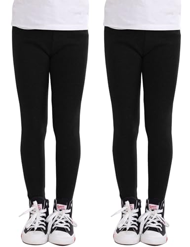 Kiench Mädchen Leggings Baumwolle Lang Blickdicht Hosen Basic Uni Farbe 2er-Pack 2 Schwarz EU Größe 146-152/10-11 Jahre Etikett 160 von Kiench
