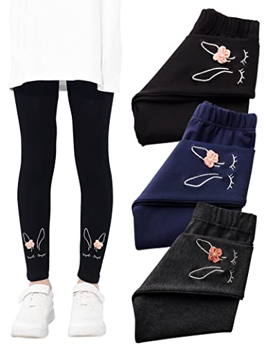 Kiench Mädchen Leggings Baumwolle Lang Hosen Stickerei 3er-Pack Hirsch: Schwarz & Marineblau & Dunkelgrau EU Größe 98/2-3 Jahre Etikett 100 von Kiench