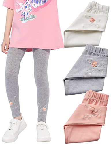 Kiench Mädchen Leggings Baumwolle Lang Hosen Stickerei 3er-Pack Hirsch: Weiß & Rosa & Grau EU Größe 110-116/5-6 Jahre Etikett 120 von Kiench