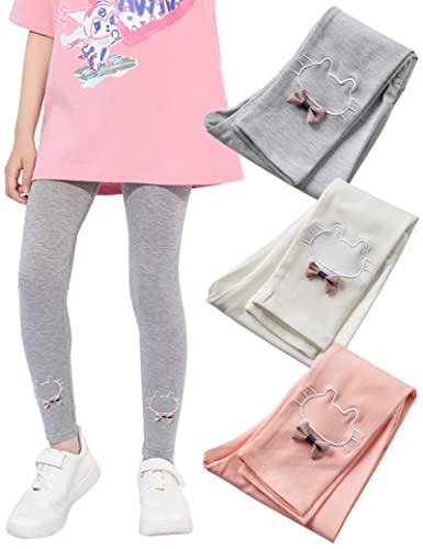 Kiench Mädchen Leggings Baumwolle Lang Hosen Stickerei 3er-Pack Kätzchen: Weiß & Rosa & Grau EU Größe 110-116/5-6 Jahre Etikett 120 von Kiench