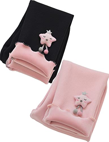 Kiench Mädchen Leggings Gefüttert Baumwolle Thermo-Hosen 2er-Pack Sternchen Schwarz & Rosa EU Größe 122-128/6-7 Jahre Etikett 130 von Kiench