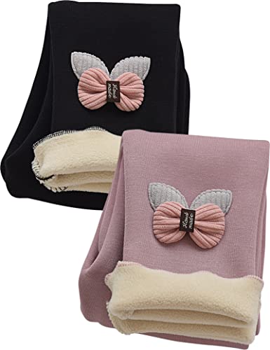 Kiench Mädchen Leggings Gefüttert Baumwolle Verdickte Fleece Hosen 2er-Pack Schleifchen Schwarz & Lila EU Größe 128/6-7 Jahre Etikett 130 von Kiench