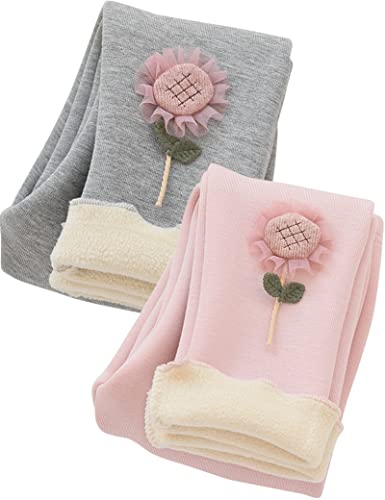 Kiench Mädchen Leggings Gefüttert Baumwolle Verdickte Fleece Hosen 2er-Pack Sonnenblumen Grau & Rosa EU Größe 128/6-7 Jahre Etikett 130 von Kiench