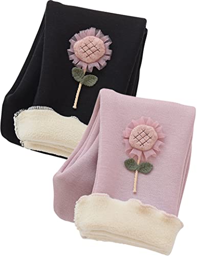 Kiench Mädchen Leggings Gefüttert Baumwolle Verdickte Fleece Hosen 2er-Pack Sonnenblumen Schwarz & Lila EU Größe 134/7-8 Jahre Etikett 140 von Kiench