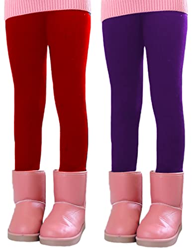 Kiench Mädchen Leggings Gefüttert Winter Dick Hosen Baumwolle 2er-Pack Rot & Lila EU Größe 104-110/4-5 Jahre Etikett 110 von Kiench