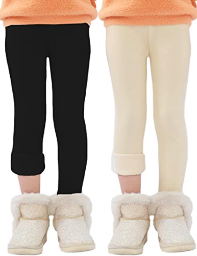 Kiench Mädchen Leggings Gefüttert Winter Dick Hosen Baumwolle 2er-Pack Schwarz & Beige EU Größe 104-110/4-5 Jahre Etikett 110 von Kiench