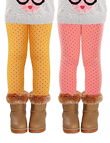 Kiench Mädchen Leggings Gefüttert Winter Dick Hosen Baumwolle 2er-Pack Tupfen Rosa & Gelb EU Größe 104-110/4-5 Jahre Etikett 110 von Kiench