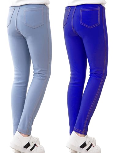 Kiench Mädchen Leggings Jeans Optik Kinder Stretch-Hosen mit Tasche 2er-Pack Blau & Hellblau EU Größe 104-110/4-5 Jahre Etikett 110 von Kiench