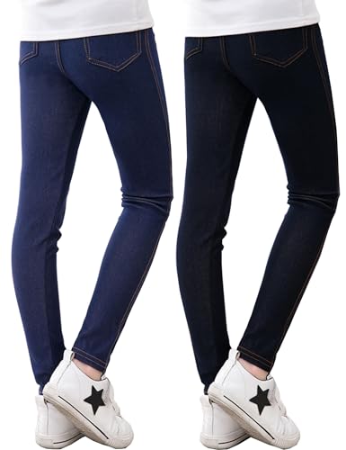 Kiench Mädchen Leggings Jeans Optik Kinder Stretch-Hosen mit Tasche 2er-Pack Schwarz & Marineblau EU Größe 146-152/9-10 Jahre Etikett 150 von Kiench