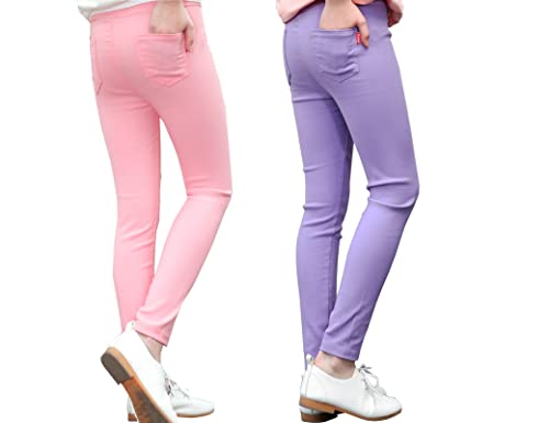 Kiench Mädchen Leggings Lang Hosen mit Taschen Slim Fit Jeggings 2er-Pack Rosa & Lila EU Größe 104-110/4-5 Jahre Etikett 110 von Kiench