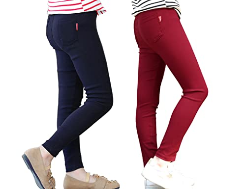 Kiench Mädchen Leggings Lang Hosen mit Taschen Slim Fit Jeggings 2er-Pack Weinrot & Dunkelblau EU Größe 104-110/4-5 Jahre Etikett 110 von Kiench