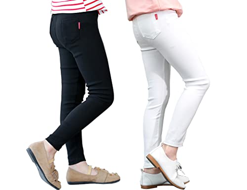 Kiench Mädchen Leggings Lang Hosen mit Taschen Slim Fit Jeggings 2er-Pack Weiß & Schwarz EU Größe 128/6-7 Jahre Etikett 130 von Kiench