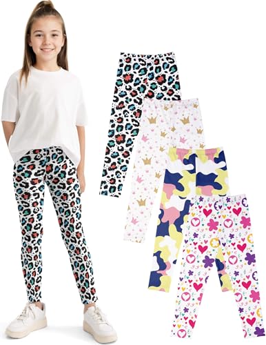 Kiench Mädchen Leggings Lang Sport-Hosen 4er-Pack Leopardenmuster & Tarnung & Krone & Liebe EU Größe 128-134/7-8 Jahre Etikett 140 von Kiench