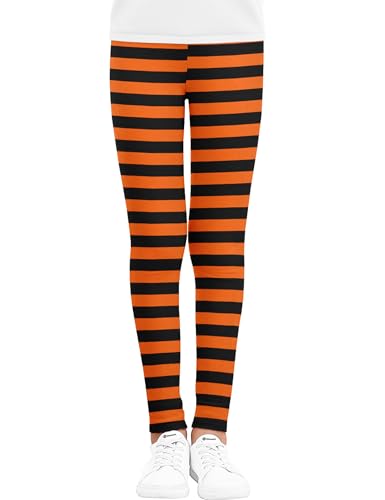 Kiench Mädchen Leggings Lang Stretch-Hosen Muster Halloween: Orange Schwarz Gestreift EU Größe 116/5-6 Jahre Etikett 120 von Kiench