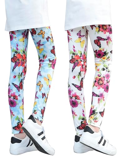 Kiench Mädchen Leggings Lange Bunte Sport-Hosen Gymnastik 2er-Pack Blau/Weiß Schmetterling EU Gr. 122-128/6-7 Jahre von Kiench