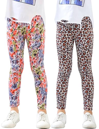 Kiench Mädchen Leggings Lange Bunte Sport-Hosen Gymnastik 2er-Pack Leopardenmuster/Blumenmuster EU Gr. 140-146/9-10 Jahre von Kiench