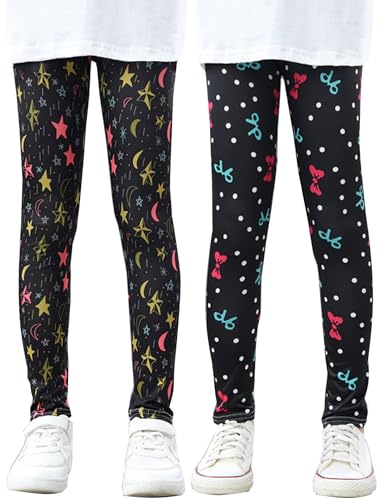 Kiench Mädchen Leggings Lange Bunte Sport-Hosen Gymnastik 2er-Pack Sterne/Schleife EU Gr. 122-128/6-7 Jahre von Kiench