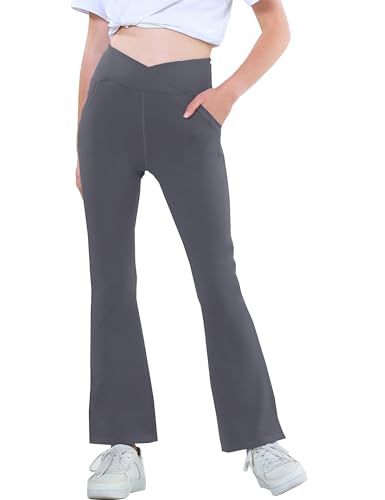 Kiench Mädchen Leggings Schlaghose Hohe Taille Bootcut Sporthose mit Taschen Grau EU Größe 152-158/11-12 Jahre von Kiench