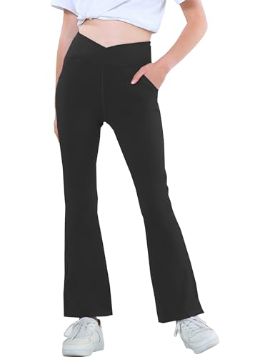 Kiench Mädchen Leggings Schlaghose Hohe Taille Bootcut Sporthose mit Taschen Schwarz EU Größe 146/9-10 Jahre von Kiench