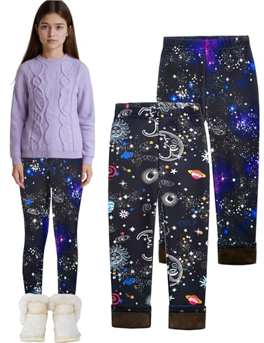 Kiench Mädchen Leggings Thermo Gefüttert Winter Warm Hosen Bunt Muster 2er-Pack Galaxis + Sternenhimmel EU Gr. 140-146/8-9 Jahre von Kiench