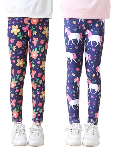 Kiench Mädchen Leggings Thermo Gefüttert Winter Warm Hosen Muster 2er-Pack Pferde + Floral EU Größe 128/6-7 Jahre Etikett 130 von Kiench