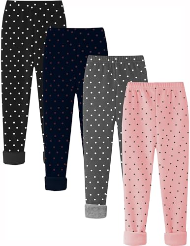 Kiench Mädchen Leggings Winter Dick Gefüttert Hosen Baumwolle 4er-Pack Tupfen Schwarz & Dunkleblau & Grau & Pink EU Größe 122-128/7-8 Jahre Etikett 130 von Kiench