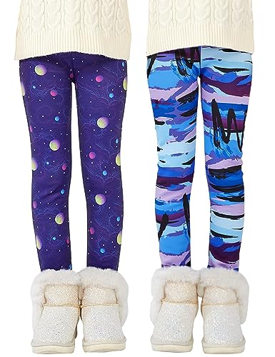 Kiench Mädchen Leggings Winter Gefüttert Dick Hosen 2er-Pack Blauer Planet EU Größe 104-110/3-4 Jahre Etikett 110 von Kiench