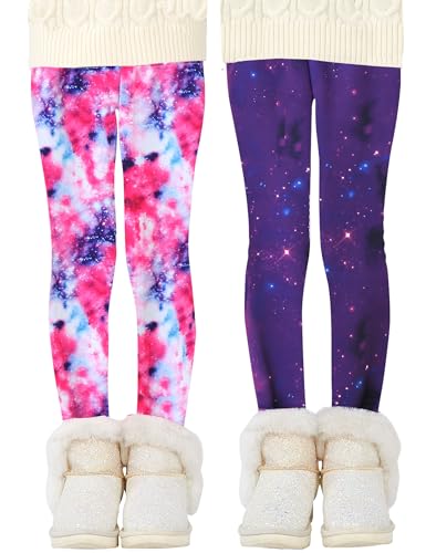 Kiench Mädchen Leggings Winter Gefüttert Dick Hosen 2er-Pack Galaxis Rosa & Lila EU Größe 104-110/3-4 Jahre Etikett 110 von Kiench