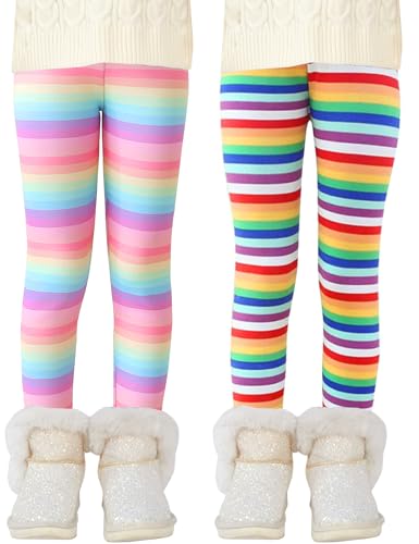 Kiench Mädchen Leggings Winter Gefüttert Dick Hosen 2er-Pack Regenbogen Gestreift EU Gr. 116-122/5-6 Jahre von Kiench