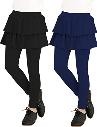 Kiench Mädchen Leggings mit Rock Einteiler 2er-Pack Hosen Warm Baumwolle Schwarz & Marineblau EU Größe 128/7-8 Jahre Etikett 140 von Kiench