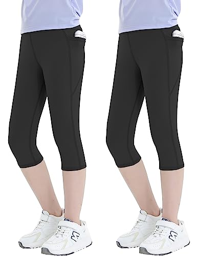 Kiench Mädchen Leggings mit Taschen 3/4 Sporthose Yoga Capri Leggins 2er-Pack 2 Schwarz EU Größe 110-116/5-6 Jahre Etikett 120 von Kiench