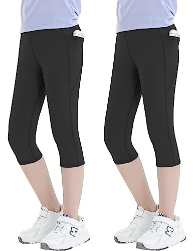 Kiench Mädchen Leggings mit Taschen 3/4 Sporthose Yoga Capri Leggins 2er-Pack 2 Schwarz EU Größe 134/7-8 Jahre Etikett 140 von Kiench