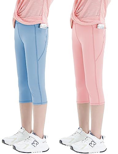 Kiench Mädchen Leggings mit Taschen 3/4 Sporthose Yoga Capri Leggins 2er-Pack Blau & Rosa EU Größe 122-128/6-7 Jahre Etikett 130 von Kiench