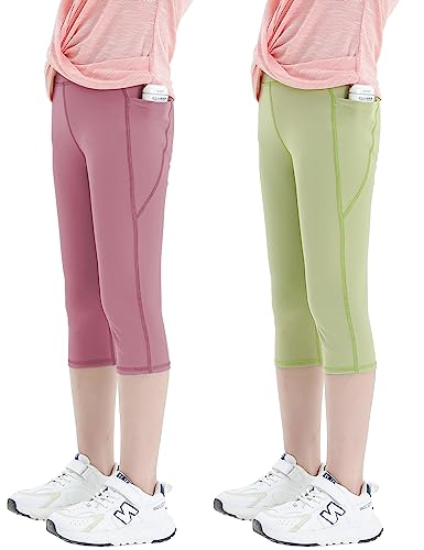 Kiench Mädchen Leggings mit Taschen 3/4 Sporthose Yoga Capri Leggins 2er-Pack Rotviolett & Grün EU Größe 122-128/6-7 Jahre Etikett 130 von Kiench