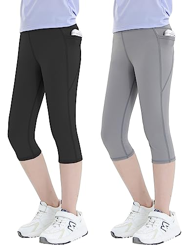 Kiench Mädchen Leggings mit Taschen 3/4 Sporthose Yoga Capri Leggins 2er-Pack Schwarz & Grau EU Größe 110-116/5-6 Jahre Etikett 120 von Kiench