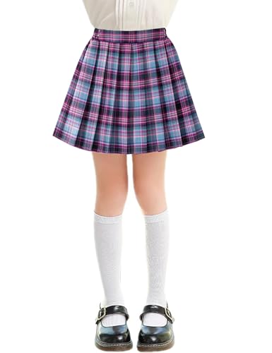 Kiench Mädchen Mini Röcke Kariert Schuluniform Kurzer Faltenrock mit Shorts Kleines Karomuster: Lila/Blau EU Gr. 128-134/6-7 Jahre von Kiench