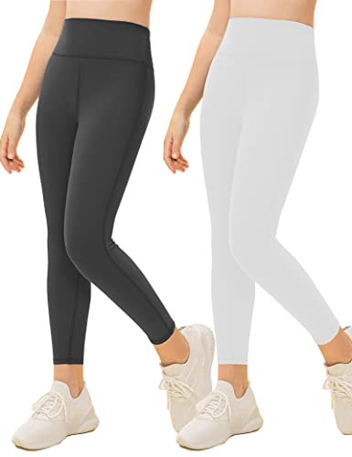 Kiench Mädchen Sport Leggings Lang Gymnastik Yoga Hosen 2er-Pack Dunkelgrau & Weiß EU Größe 128/6-7 Jahre Etikett 130 von Kiench