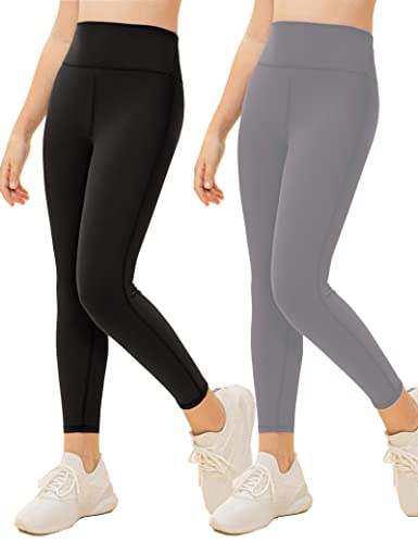 Kiench Mädchen Sport Leggings Lang Gymnastik Yoga Hosen 2er-Pack Schwarz & Grau EU Größe 110/4-5 Jahre Etikett 110 von Kiench