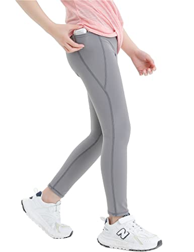 Kiench Mädchen Sport-Leggings Lang Yoga Hosen High Waist mit Taschen Grau EU Größe 122-128/6-7 Jahre Etikett 130 von Kiench