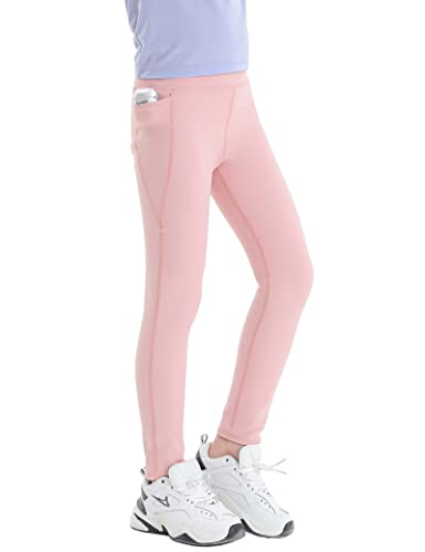 Kiench Mädchen Sport-Leggings Lang Yoga Hosen High Waist mit Taschen Rosa EU Größe 134/7-8 Jahre Etikett 140 von Kiench