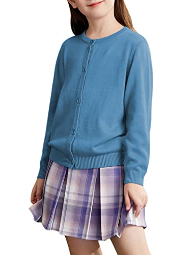 Kiench Mädchen Strickjacke Basic Baumwolle Kinder Rundhals Langarm Cardigan mit Knöpfen Azurblau EU Größe 122-128/5-6 Jahre Etikett 130 von Kiench